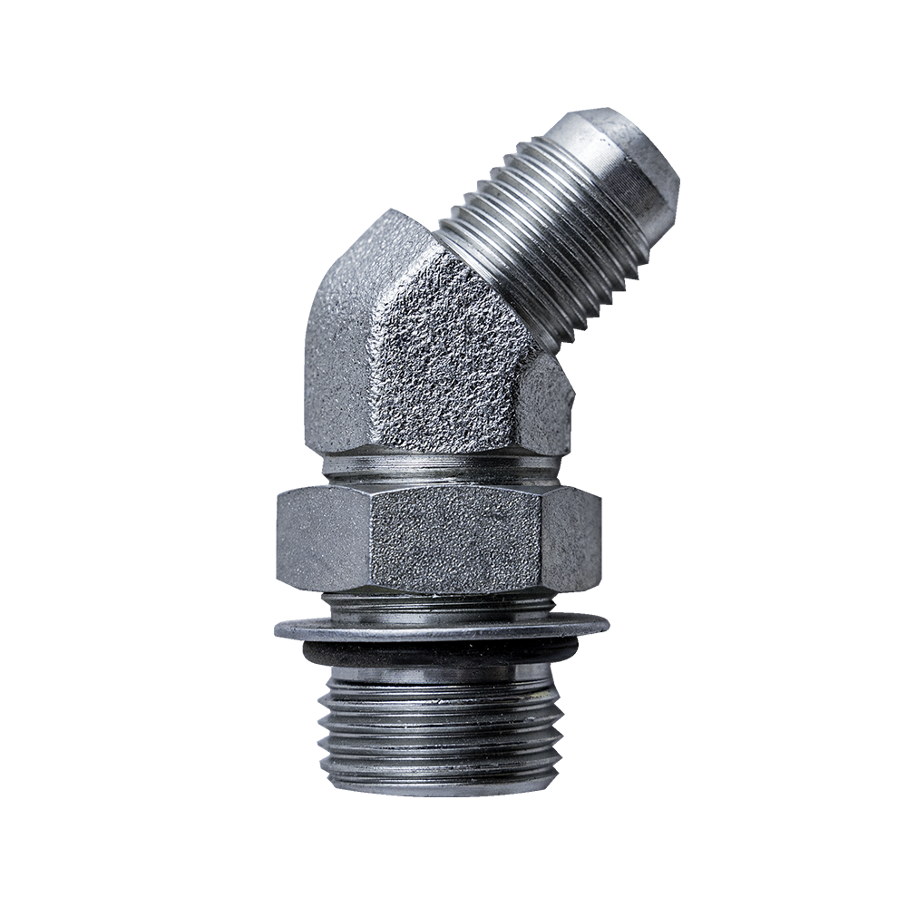 [GXHY-001006] CODO HIDRAULICO 45° – 1/2" ORB MACHO (3/4"-16 SAE-8) Y CONECTOR MACHO JIC 3/8" – ZINCADO
