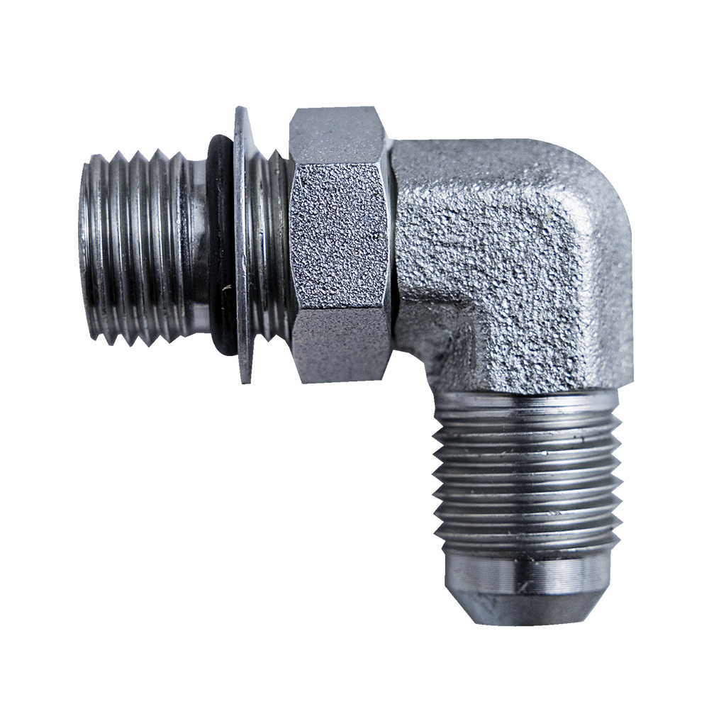 CODO HIDRAULICO 90° – 3/8" ORB MACHO (9/16"-18 SAE-6) Y MACHO JIC 3/8" – ZINCADO